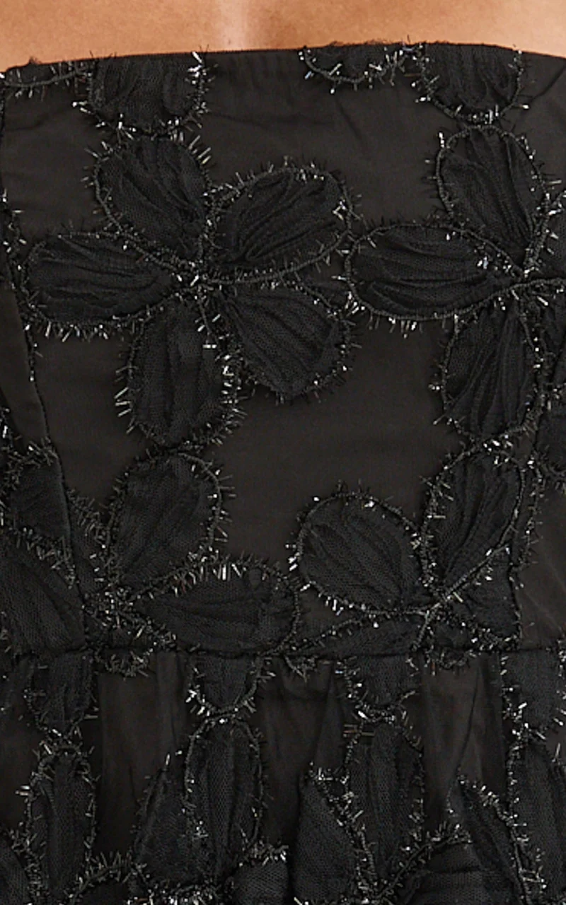 Marzy Mini Dress - Strapless Floral Detail Lace Fit and Flare Dress in Black