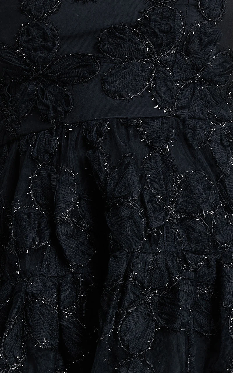 Marzy Mini Dress - Strapless Floral Detail Lace Fit and Flare Dress in Black