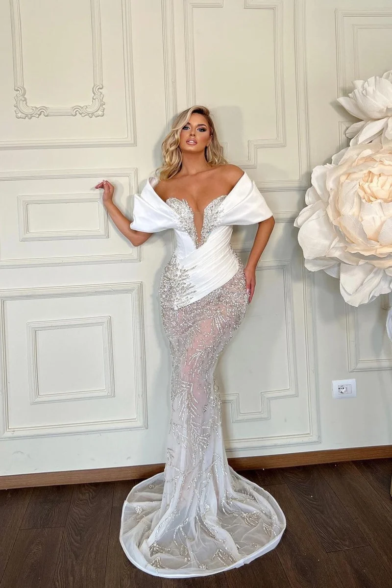 Robe de bal élégante sans manches en tulle blanc | Robe de mariée en charmeuse