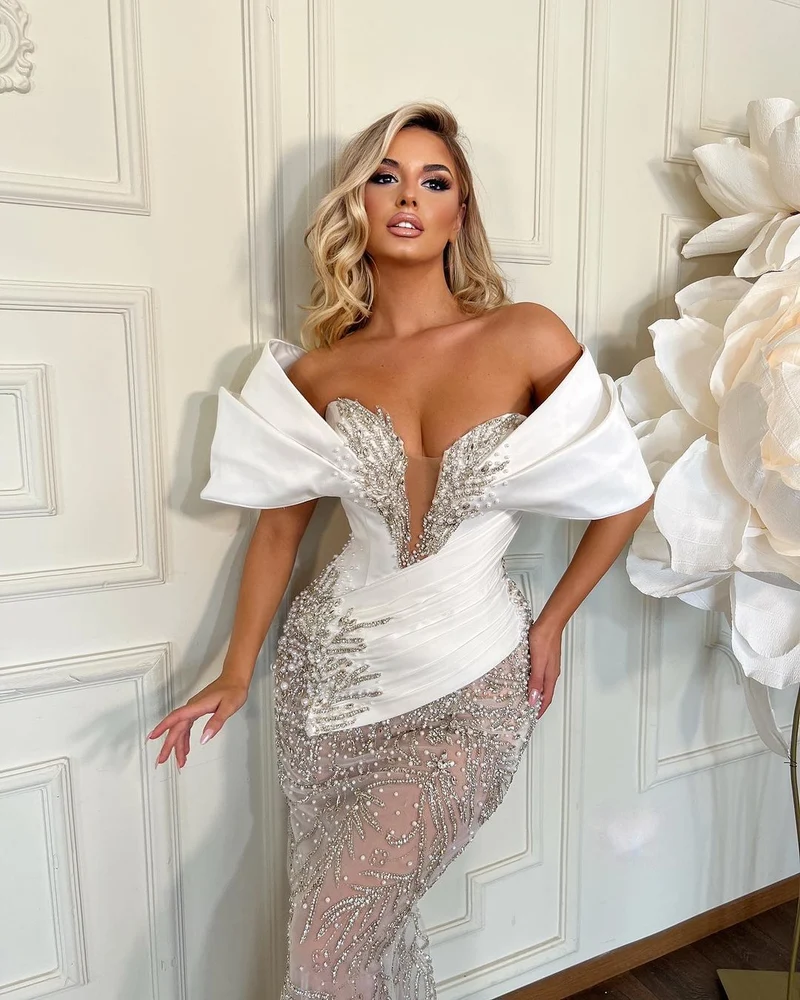 Robe de bal élégante sans manches en tulle blanc | Robe de mariée en charmeuse