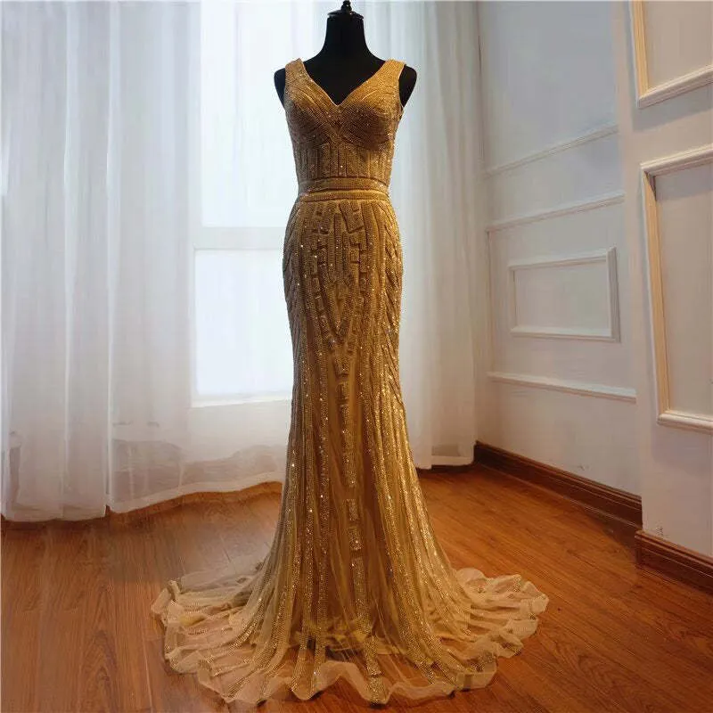 Robe de bal sirène à paillettes dorées, col en V, longue robe de soirée sans manches