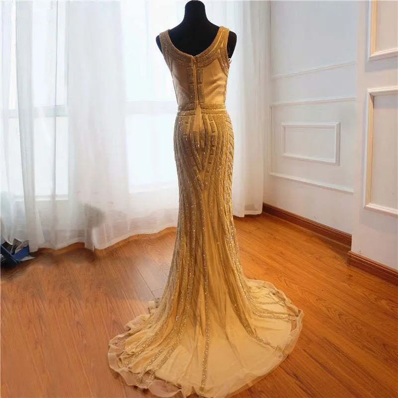 Robe de bal sirène à paillettes dorées, col en V, longue robe de soirée sans manches