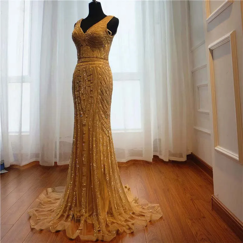 Robe de bal sirène à paillettes dorées, col en V, longue robe de soirée sans manches