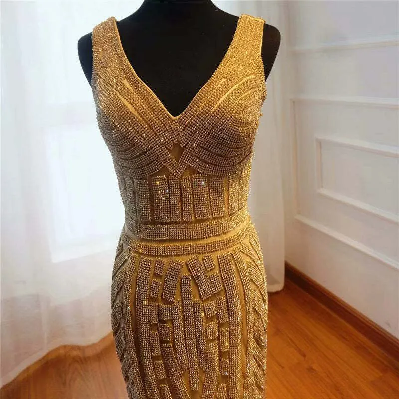 Robe de bal sirène à paillettes dorées, col en V, longue robe de soirée sans manches