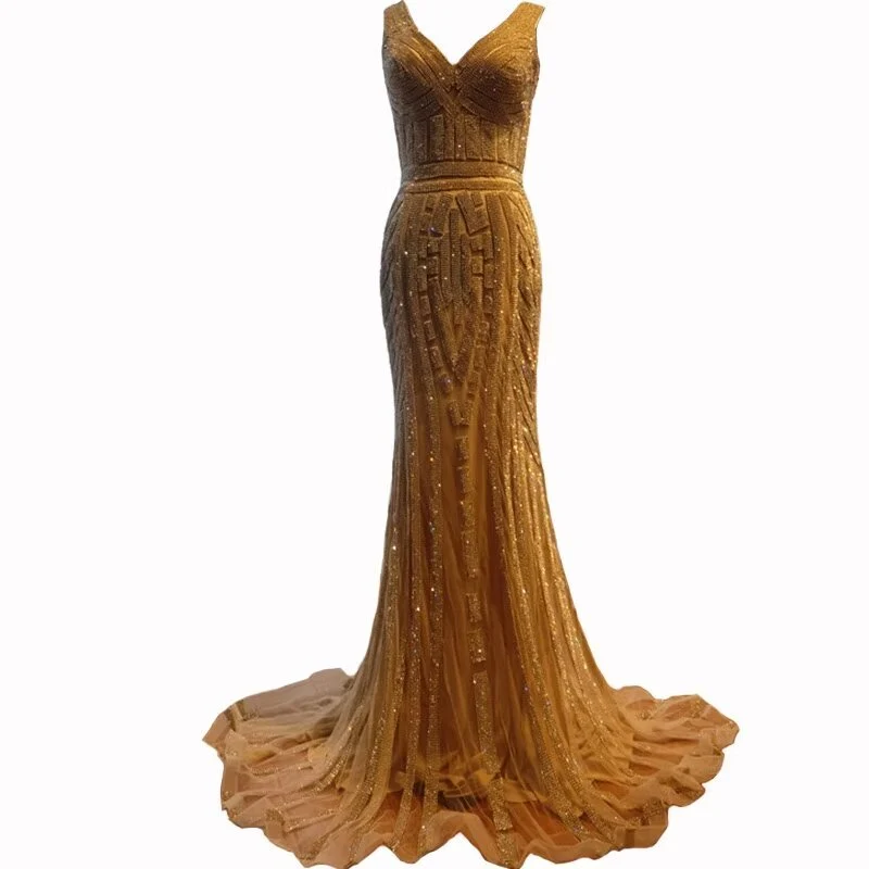 Robe de bal sirène à paillettes dorées, col en V, longue robe de soirée sans manches