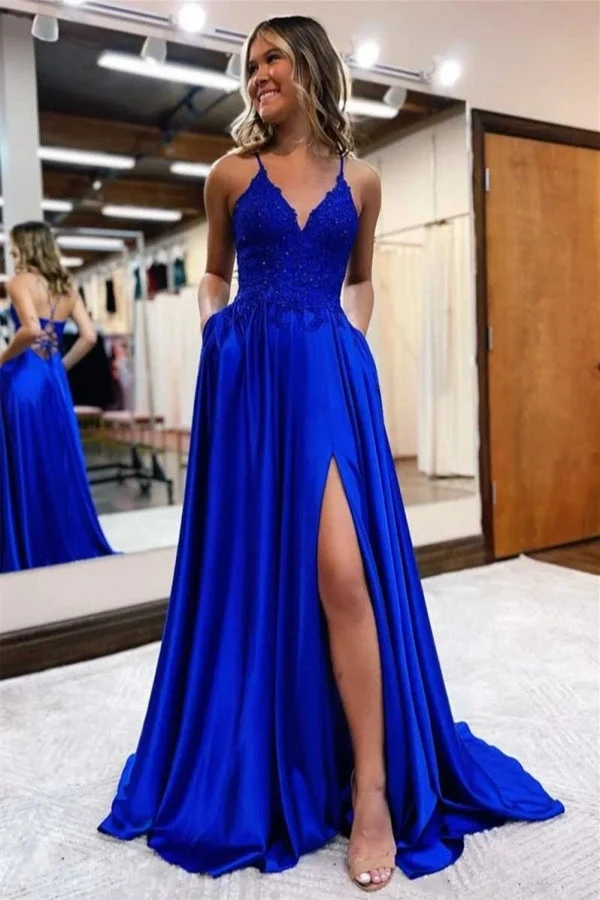 Robe de bal sirène élégante à bretelles spaghetti, couleur bleu foncé