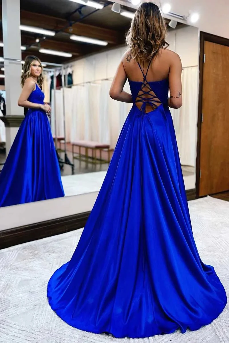 Robe de bal sirène élégante à bretelles spaghetti, couleur bleu foncé