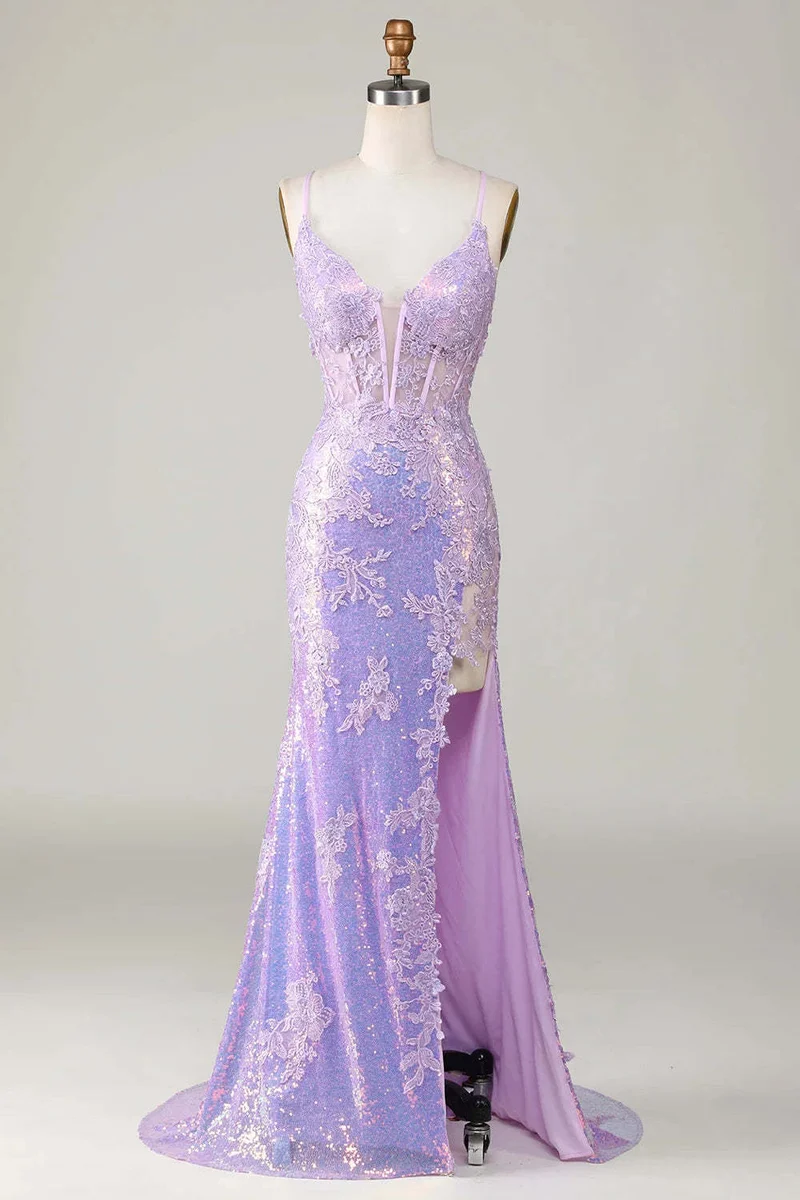 Robe de bal sirène glamour à bretelles spaghetti lavande