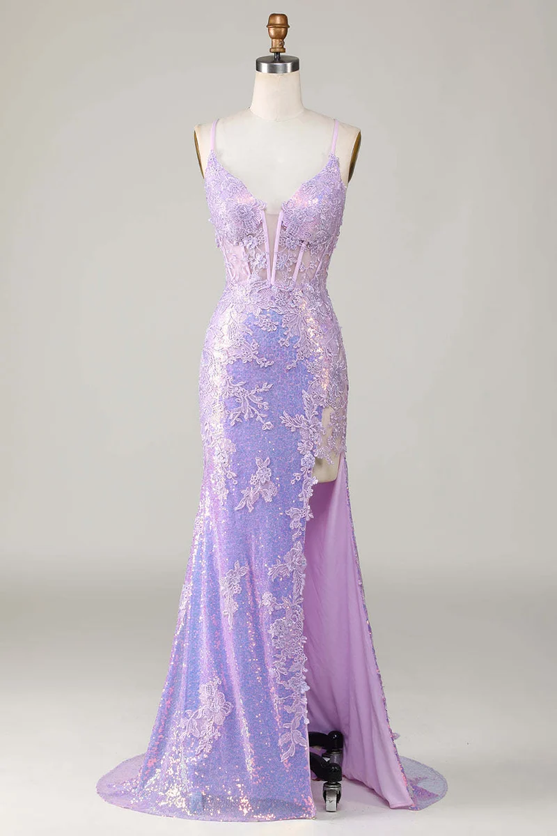 Robe de bal sirène glamour à bretelles spaghetti lavande