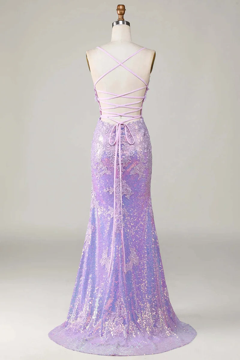 Robe de bal sirène glamour à bretelles spaghetti lavande