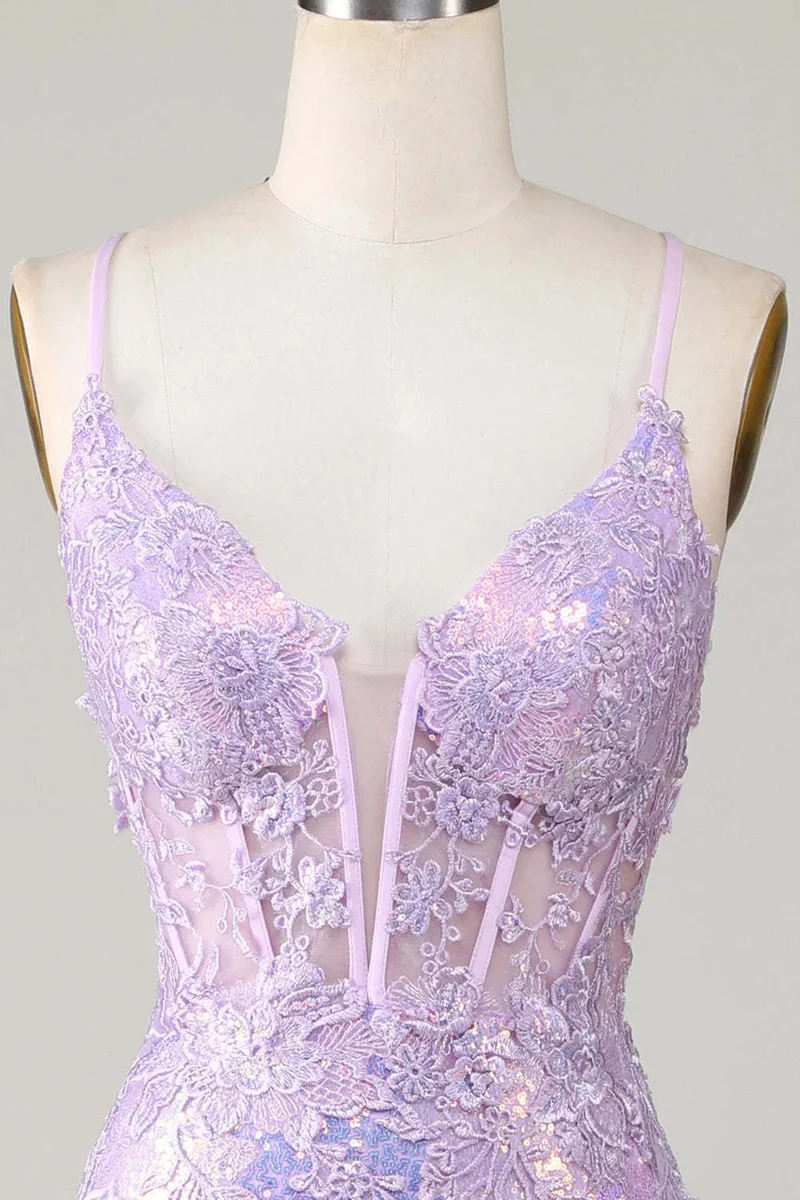 Robe de bal sirène glamour à bretelles spaghetti lavande