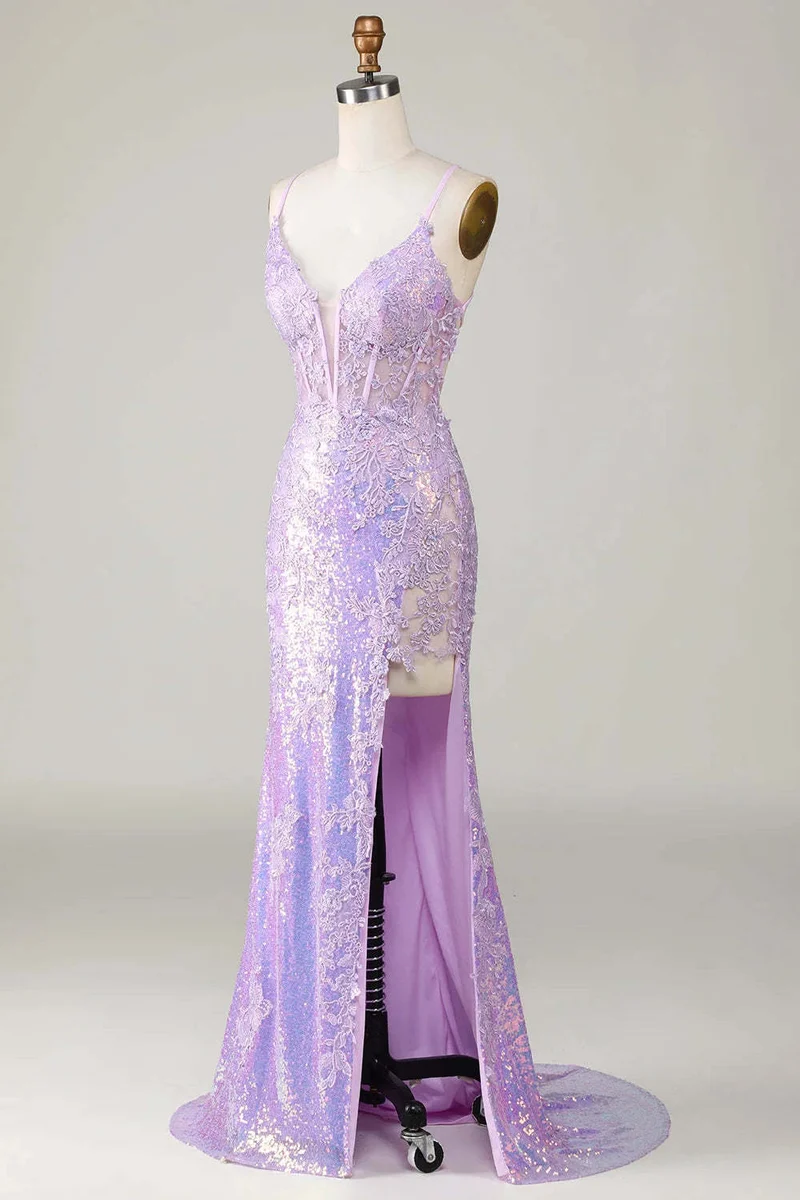 Robe de bal sirène glamour à bretelles spaghetti lavande
