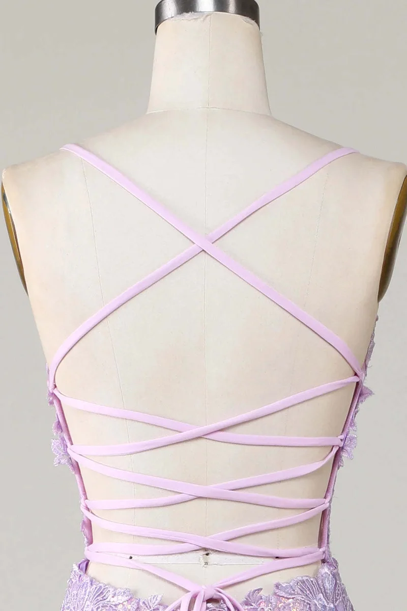 Robe de bal sirène glamour à bretelles spaghetti lavande