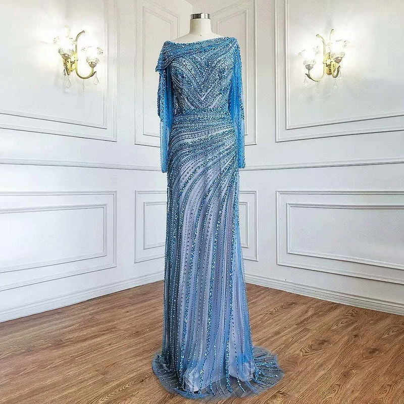 Robe de bal fendue haute à manches longues et col en V à paillettes