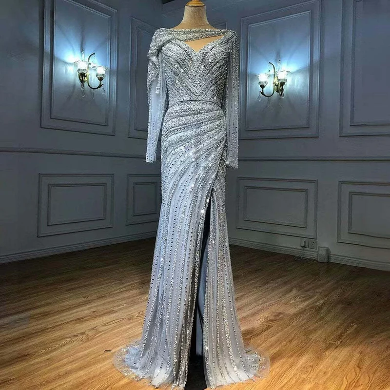 Robe de bal fendue haute à manches longues et col en V à paillettes