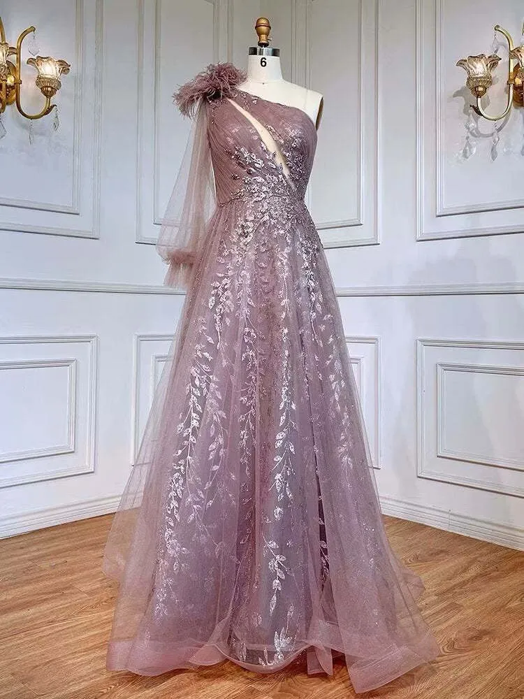 Robe de soirée élégante à une épaule et plumes rose extrême