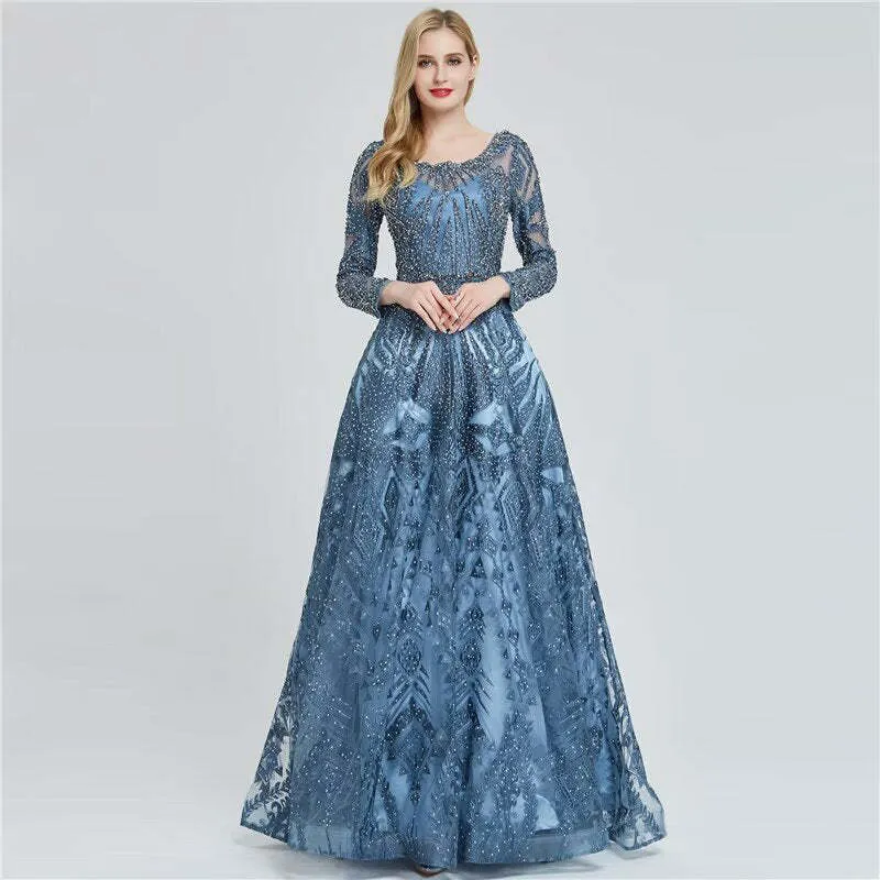 Robe de bal élégante bleu encre à manches longues et appliques à paillettes