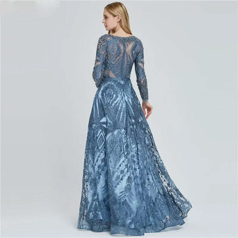 Robe de bal élégante bleu encre à manches longues et appliques à paillettes