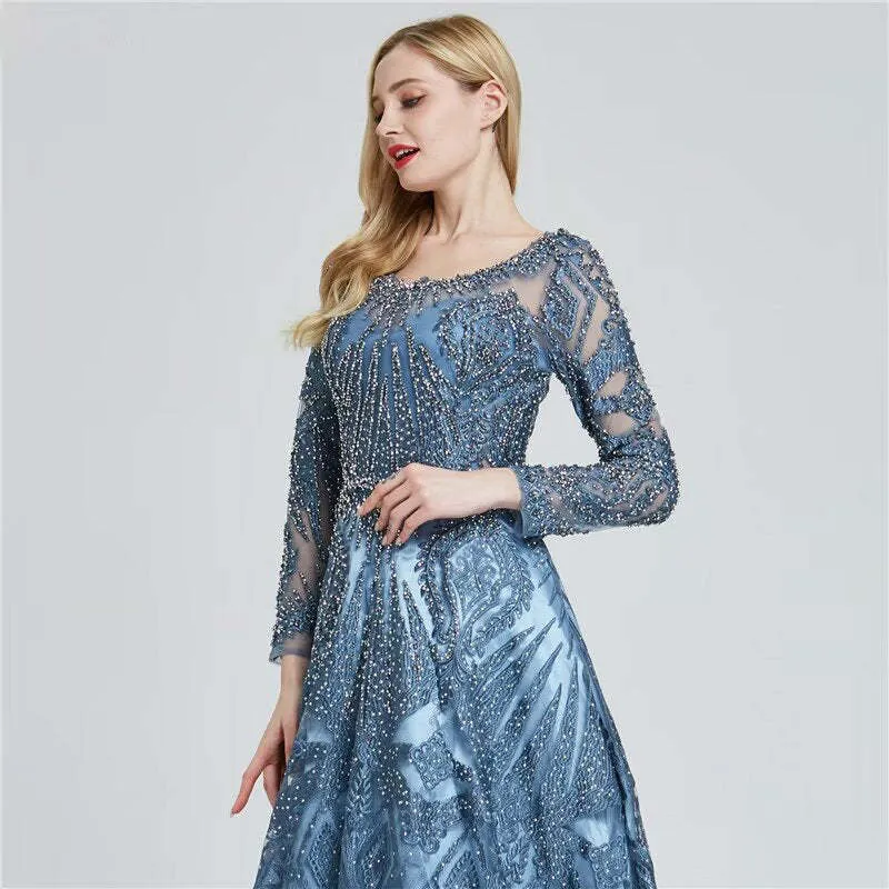 Robe de bal élégante bleu encre à manches longues et appliques à paillettes