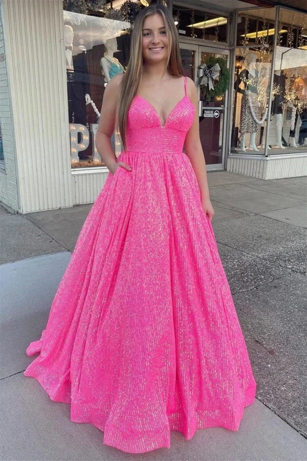 Robe de bal rose vif à bretelles spaghetti avec robe de bal élégante
