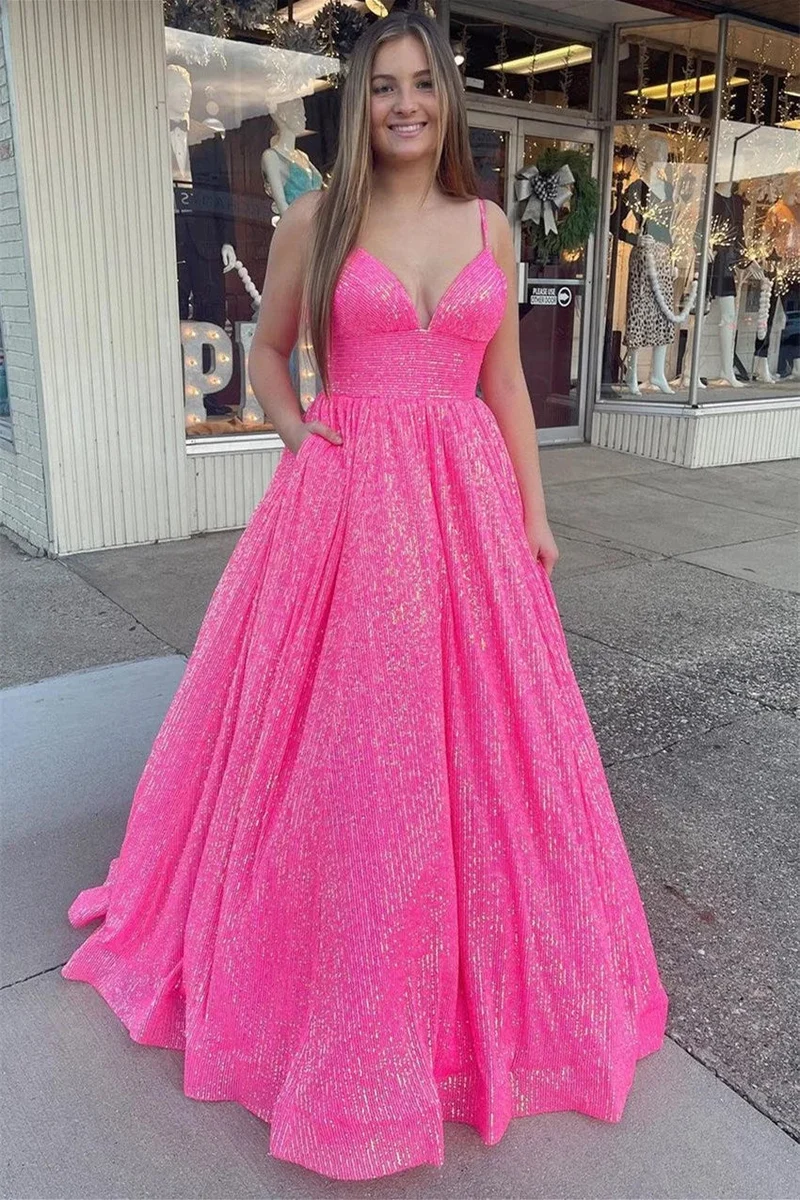 Robe de bal rose vif à bretelles spaghetti avec robe de bal élégante