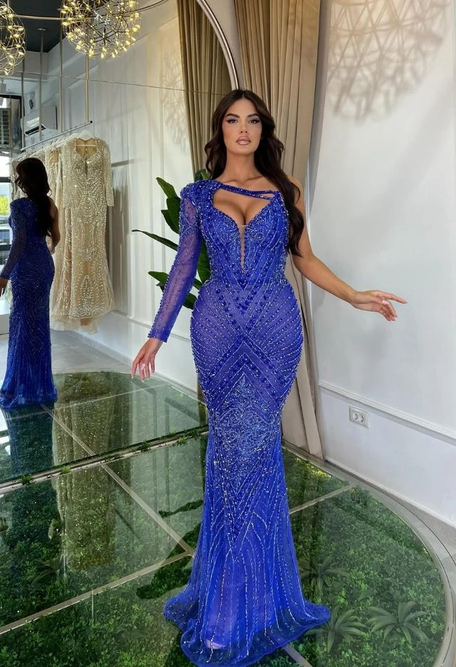 Robe de bal sirène luxueuse bleue à une manche avec perles et pierres précieuses