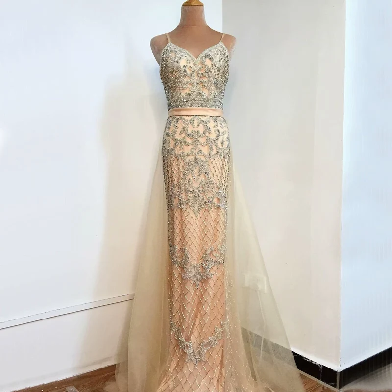 Robe de bal en maille pailletée champagne, sans manches, coupe trapèze, dos nu