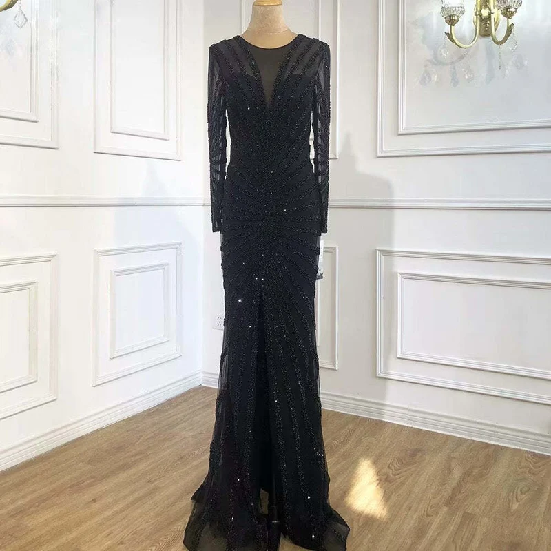 Superbe robe de bal sirène noire à manches longues et col en V à paillettes