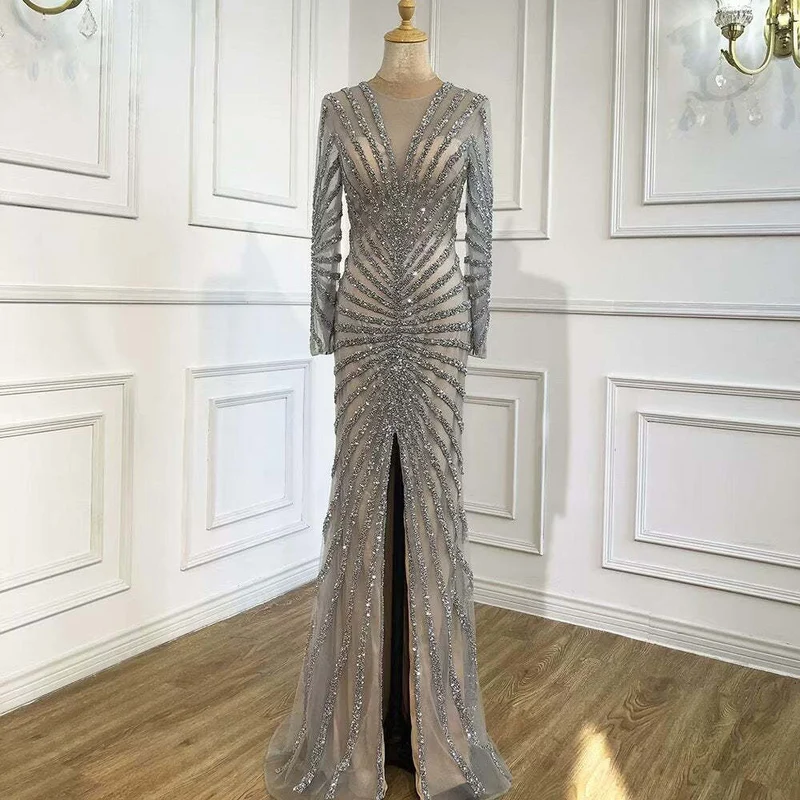 Superbe robe de bal sirène noire à manches longues et col en V à paillettes