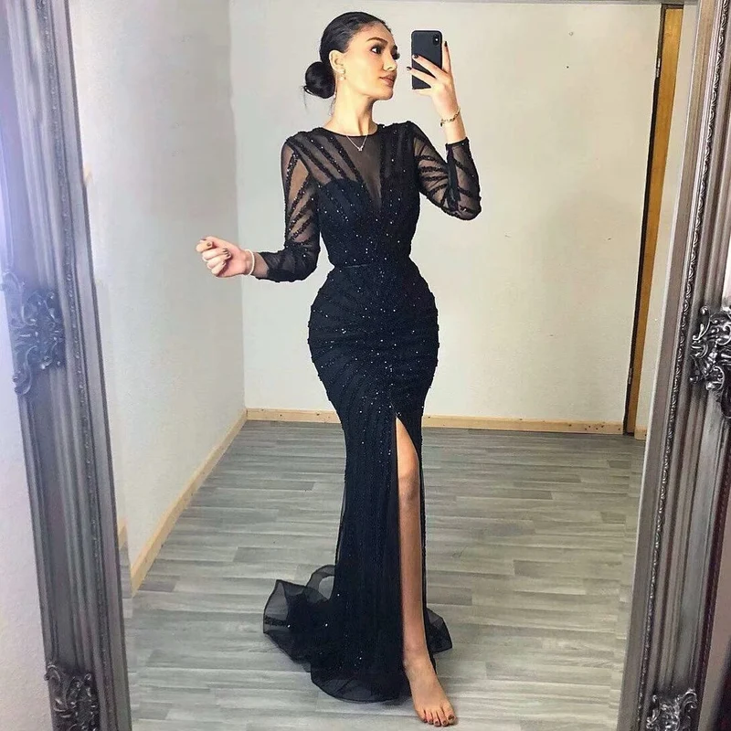Superbe robe de bal sirène noire à manches longues et col en V à paillettes