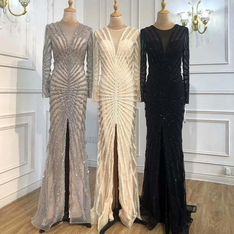 Superbe robe de bal sirène noire à manches longues et col en V à paillettes