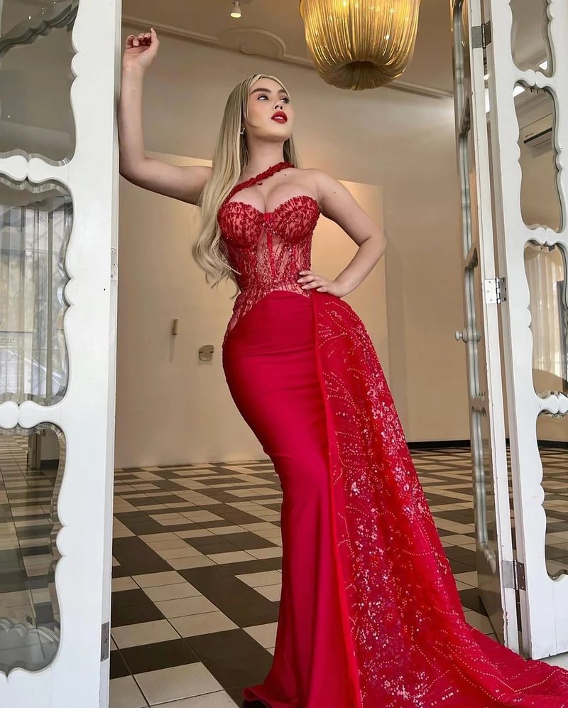 Robe de bal sirène rouge lumineuse sans bretelles pour femmes et filles