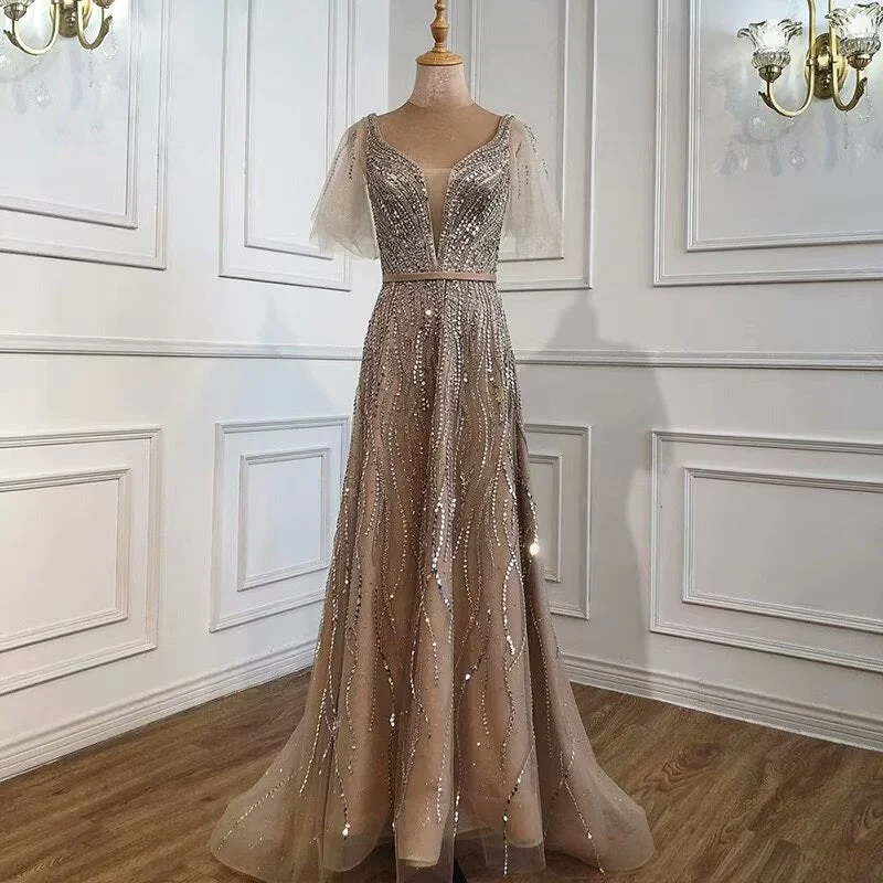 Robe de bal élégante à manches courtes et col en V, couleur taupe