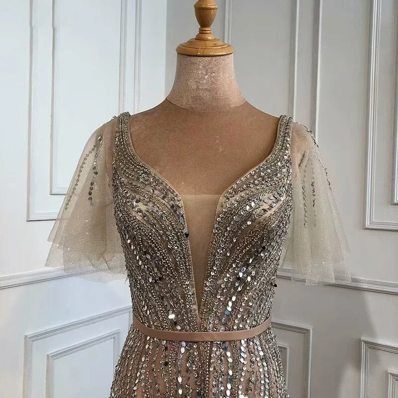 Robe de bal élégante à manches courtes et col en V, couleur taupe