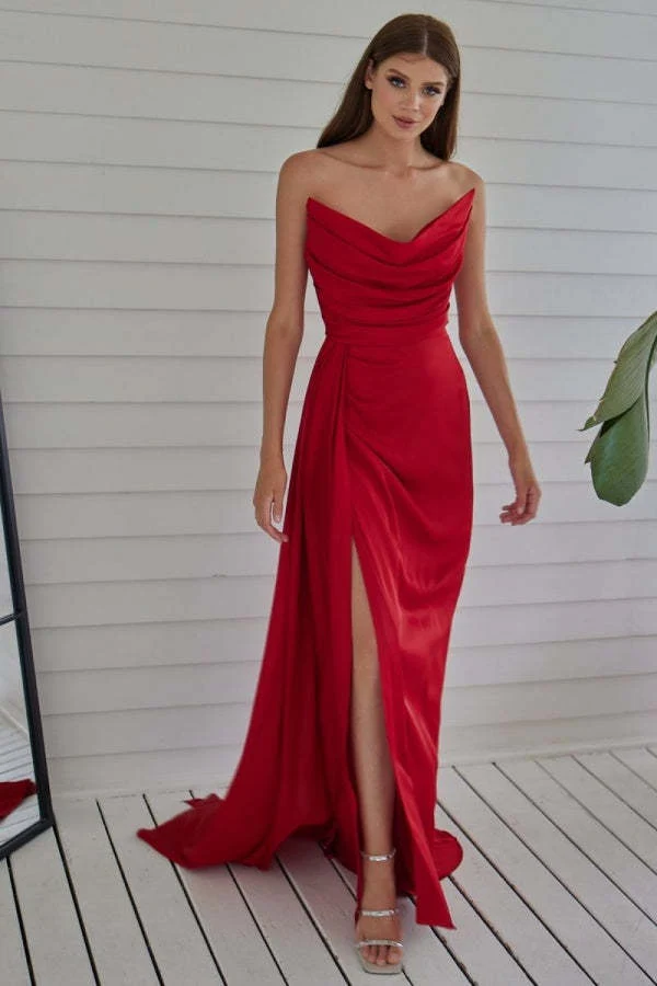 Robe de bal rouge bustier pour femme, style sirène plissée