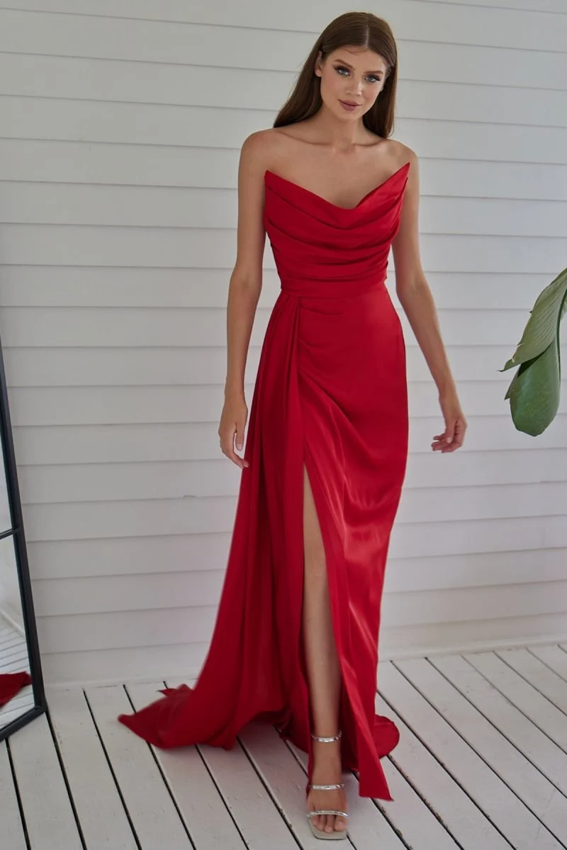 Robe de bal rouge bustier pour femme, style sirène plissée