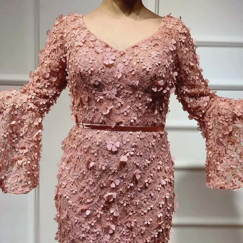 Robe de bal sirène rose poudré à col en V et manches longues avec appliques