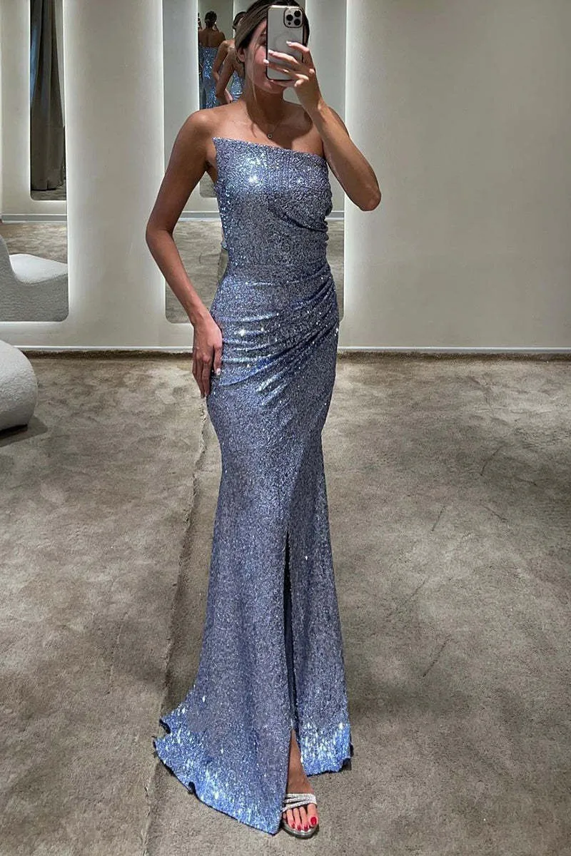 Robe de bal luxueuse argentée sans bretelles, robe de soirée sirène amincissante