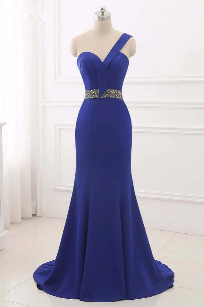 Robe de bal sirène bleu roi à une épaule et dos nu, motif perlé