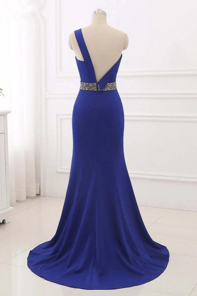Robe de bal sirène bleu roi à une épaule et dos nu, motif perlé
