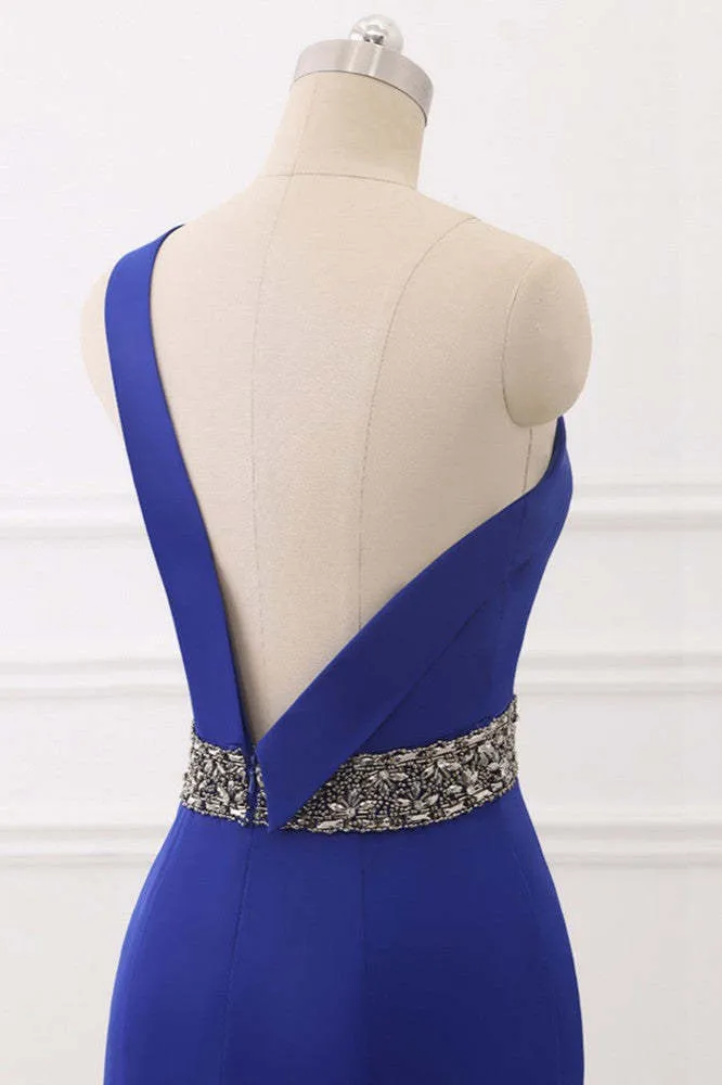 Robe de bal sirène bleu roi à une épaule et dos nu, motif perlé