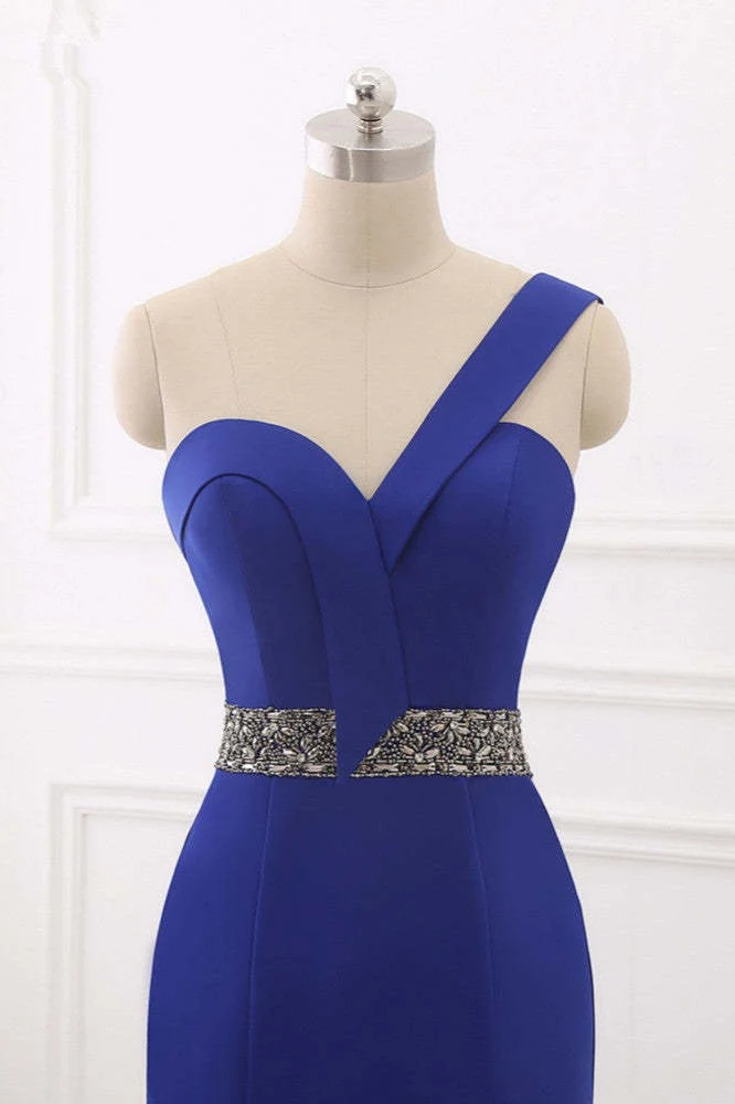 Robe de bal sirène bleu roi à une épaule et dos nu, motif perlé