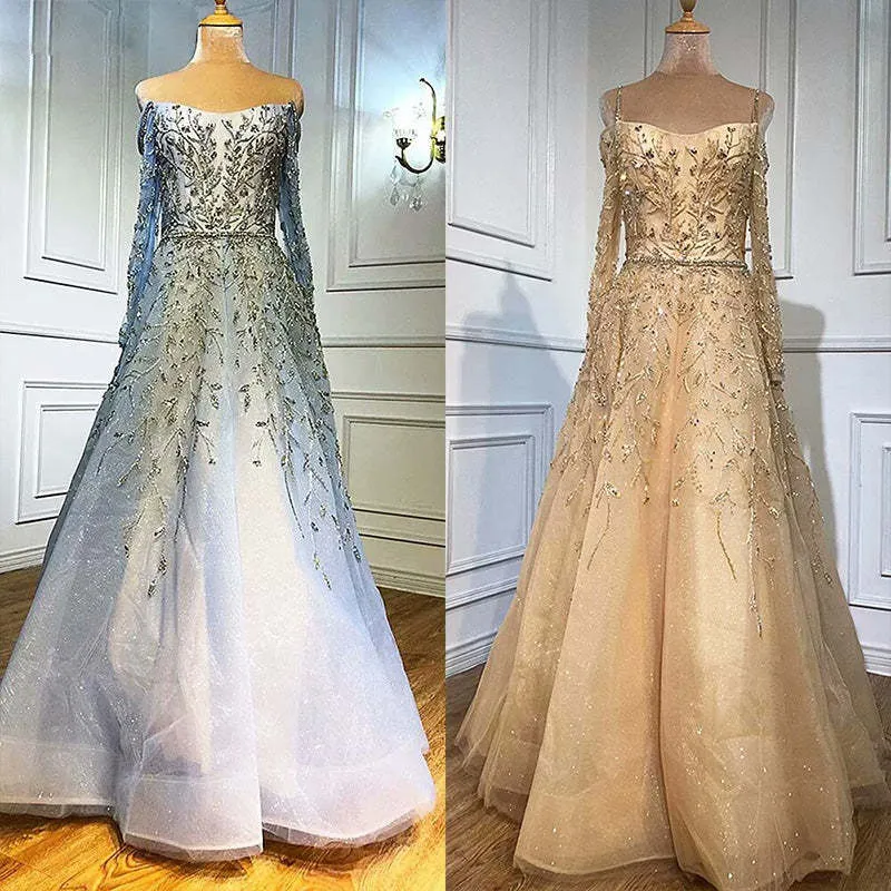 Robe de bal élégante à paillettes et appliques, manches longues, col en V, coupe trapèze