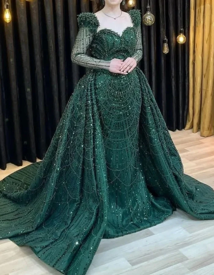 Robe de bal sirène verte à paillettes élégante à manches longues