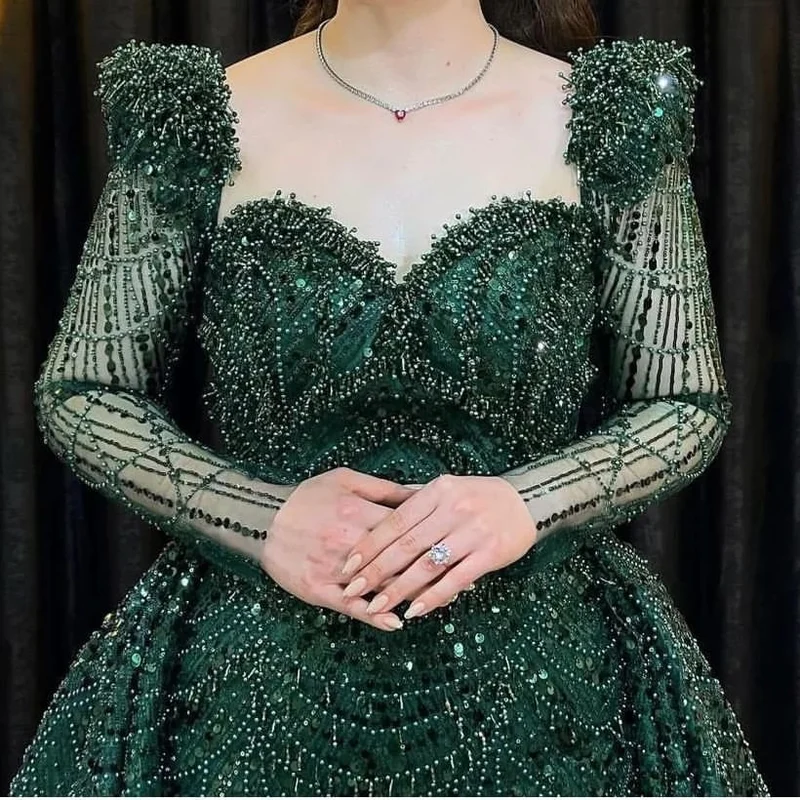Robe de bal sirène verte à paillettes élégante à manches longues