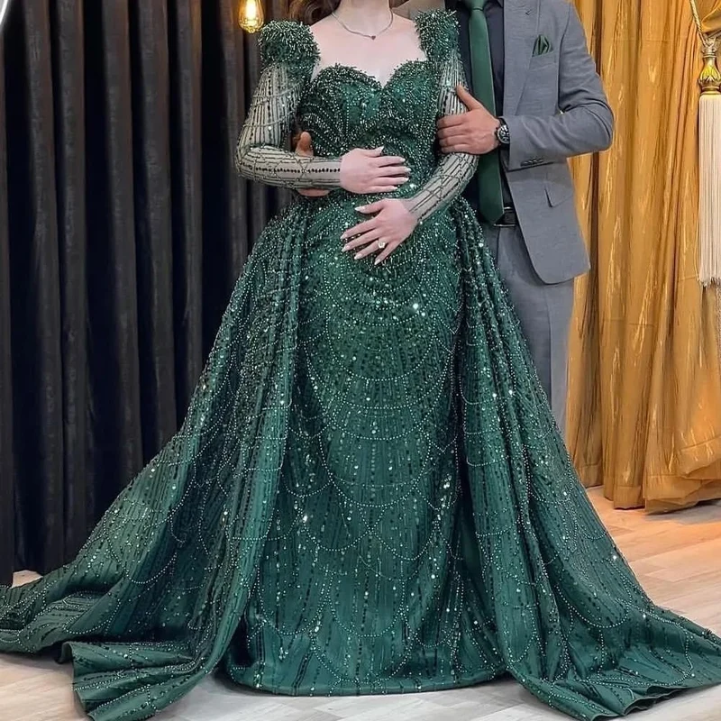 Robe de bal sirène verte à paillettes élégante à manches longues