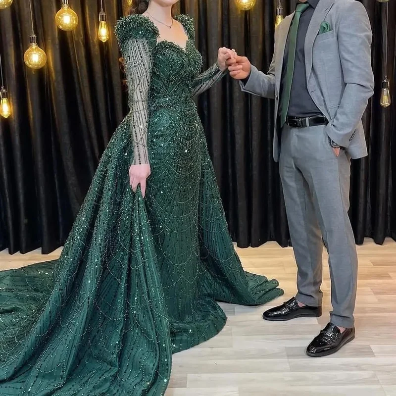 Robe de bal sirène verte à paillettes élégante à manches longues