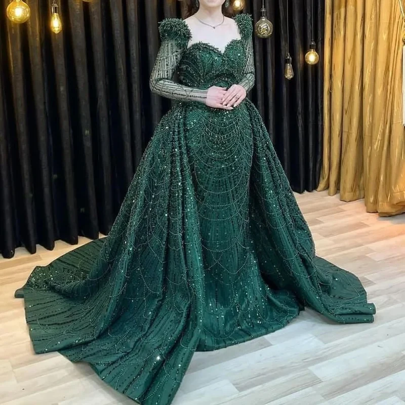 Robe de bal sirène verte à paillettes élégante à manches longues
