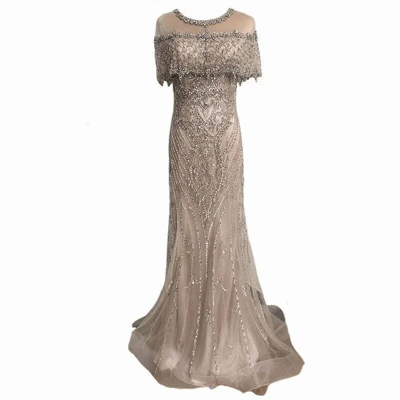 Robe de soirée longue sirène luxueuse sans bretelles à paillettes et perles