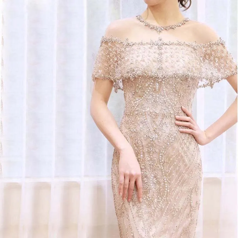 Robe de soirée longue sirène luxueuse sans bretelles à paillettes et perles